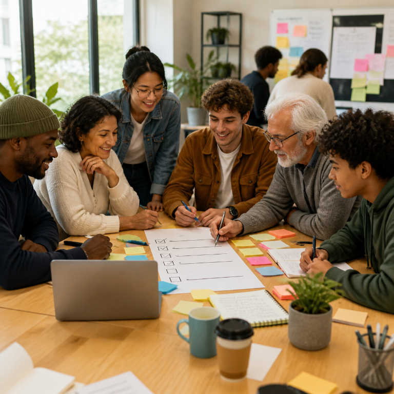 AI-generated illustration of a group working together around a shared checklist